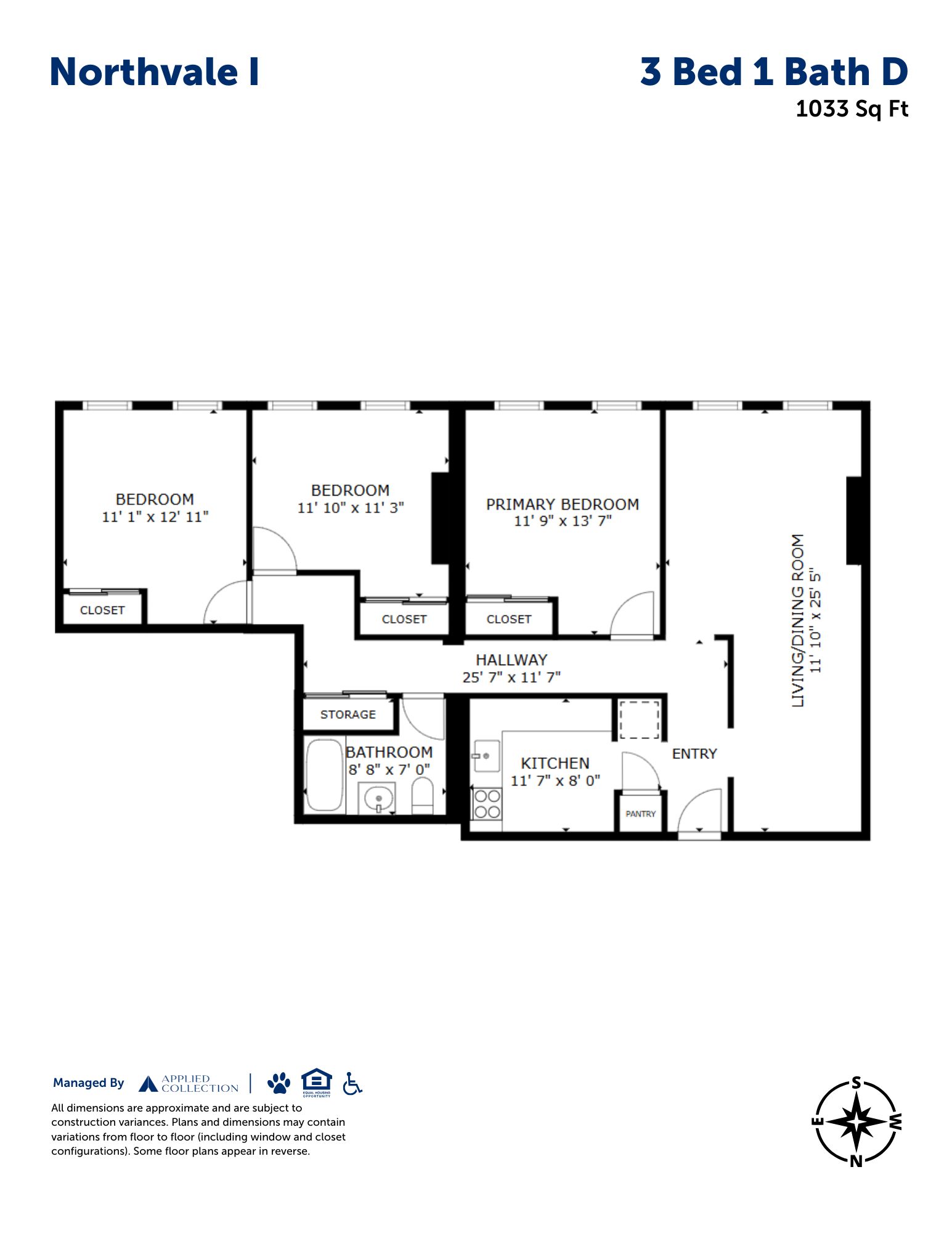 Floor plan for 3 beds, 1 bath, 1033 sqft
